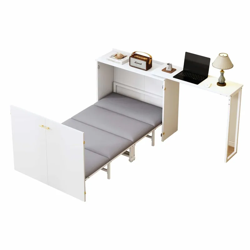 Cama abatible 90x200 - con escritorio giratorio, colchón y ruedas, ideal para espacios pequeños, invitados y home office - blanco