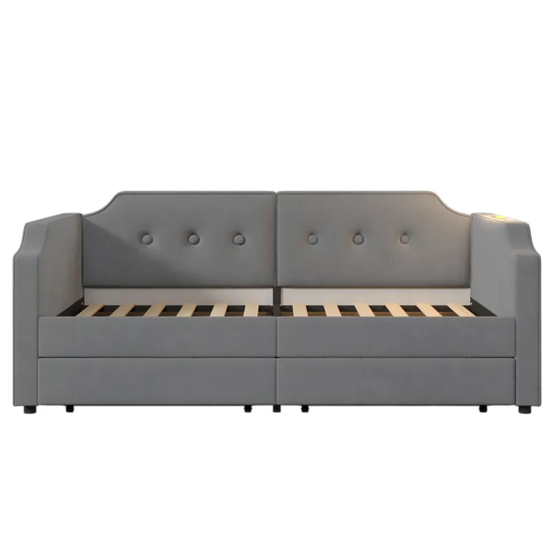 Sofá cama de terciopelo 90x200 cm - con función de carga y LED - con somier - Beige