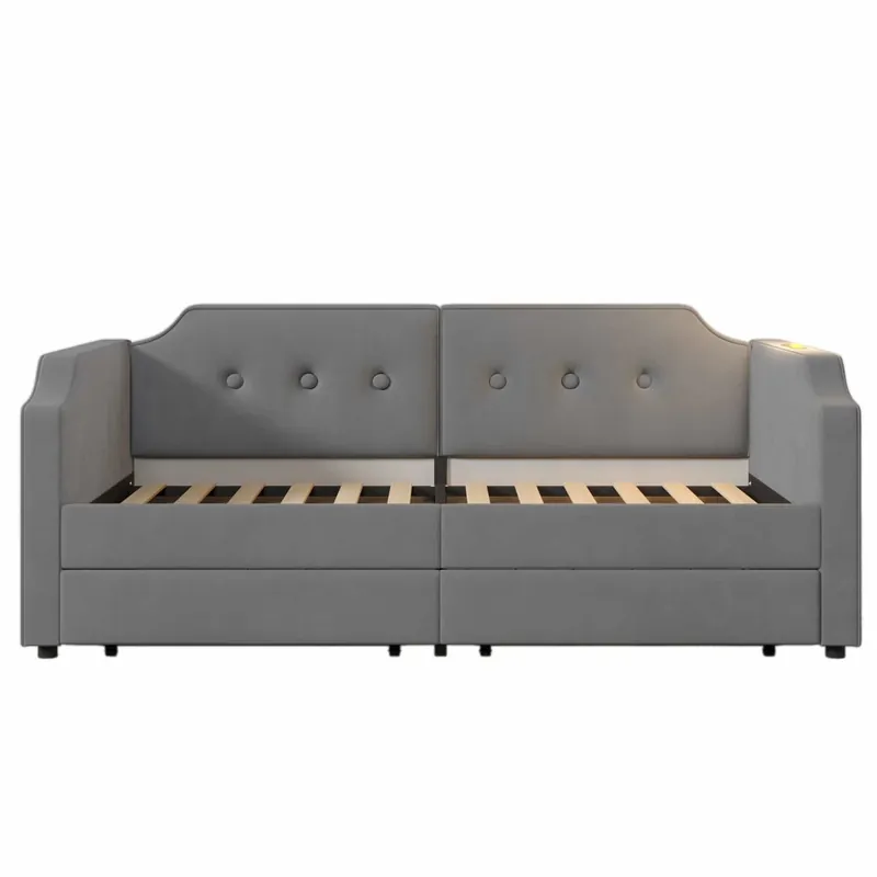 Sofá cama de terciopelo 90x200 cm - con función de carga y LED - con somier - Beige