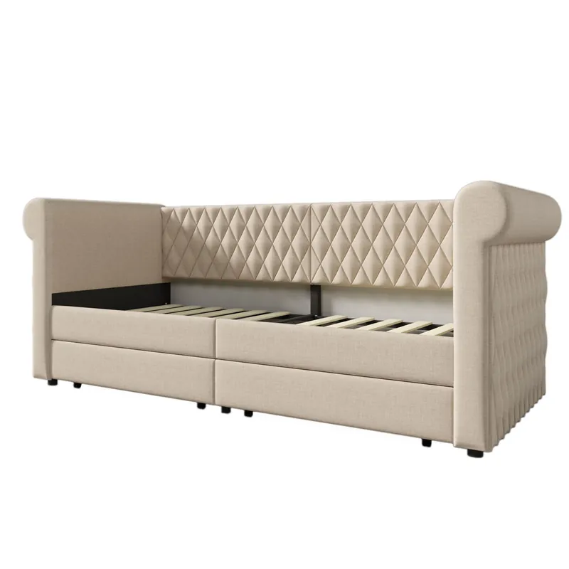 Sofá cama con 2 cajones de tela de lino - 90x200 cm - con somier - Beige