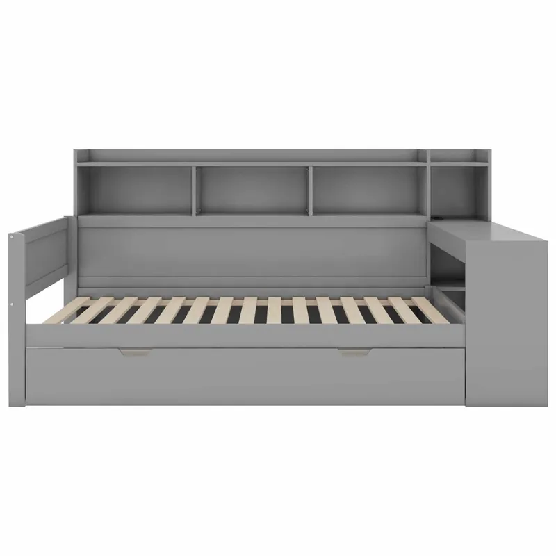Sofá cama 90x200 cm - escritorio con toma USB - 2 cajones y estantes - Gris (colchón no incluido)