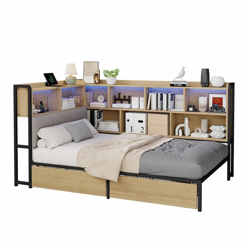 Sofá cama tapizado 90x200 cm - iluminación LED, estación de carga USB y Type-C, 2 cajones, somier metálico de láminas, cabecero con almacenamiento, cama de día juvenil - color natural