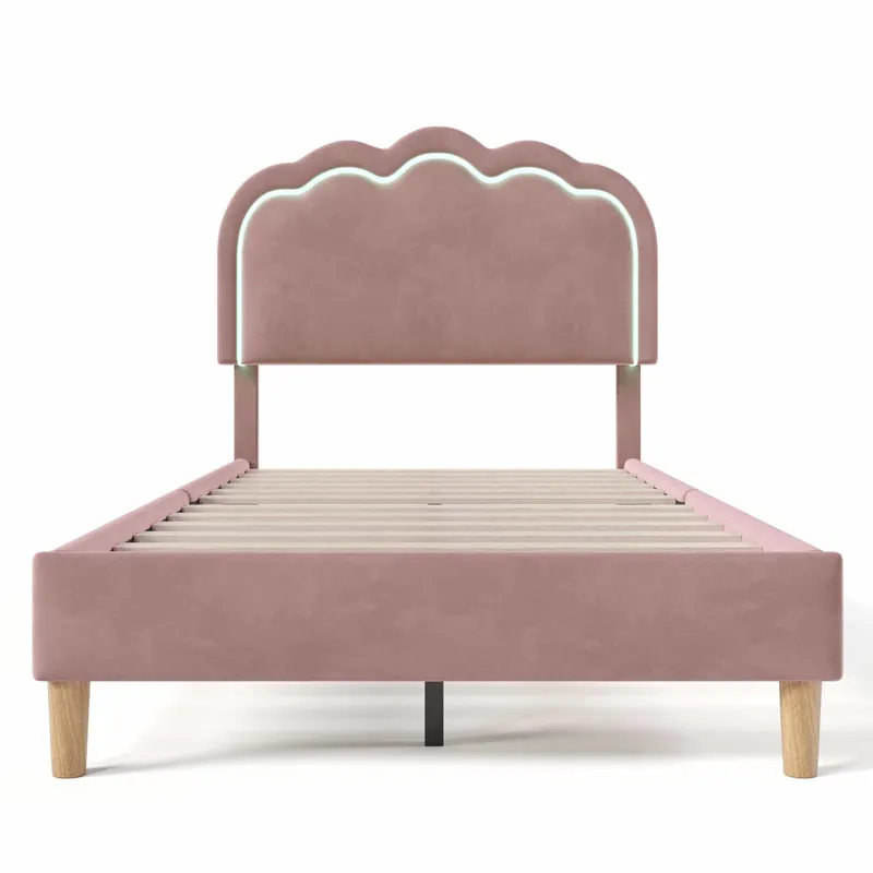 Cama 90x200cm tapizada en terciopelo - con LED y somier - Rosa