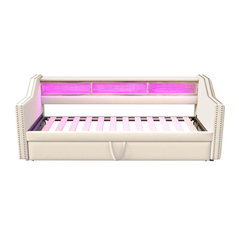 Sofá cama extraíble 90/180x190cm de lino - con LED y USB - con somier - Beige