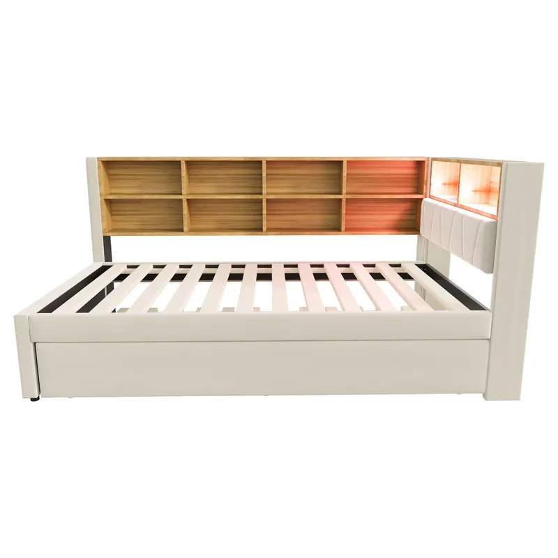 Sofá cama 90x200 - Cama extraíble 90x190, con luces LED, enchufes y compartimentos, Polsterbett multifuncional, cama individual, Flanela - Beige