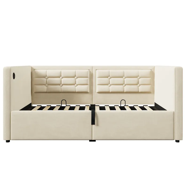 Sofá cama 90x200 cm - Sofá cama individual con almacenamiento hidráulico y estación de carga USB & Type-C, cama de invitados con somier de listones de madera - Beige