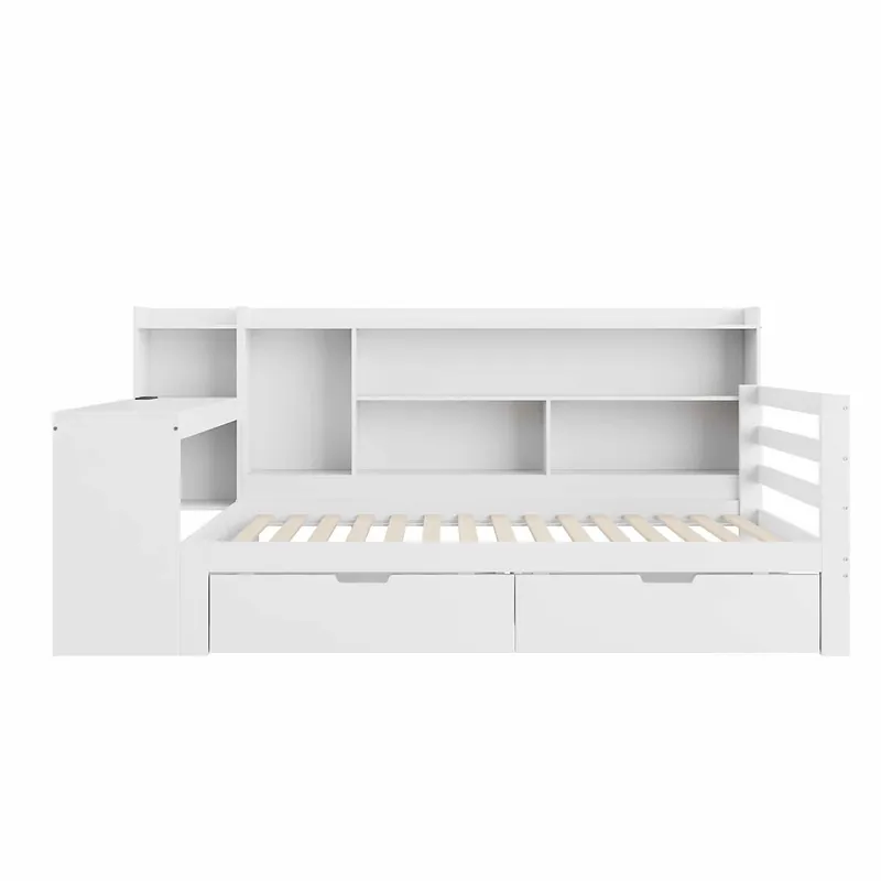 Sofá cama 90*200 cm - Con escritorio, estantería, compartimentos y enchufe - Blanco