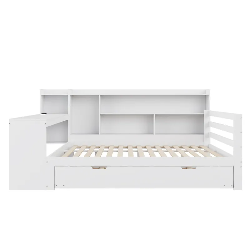 Sofá cama 140*200 cm - Con escritorio, estanterías, compartimentos, enchufes y cama extraíble - Blanco