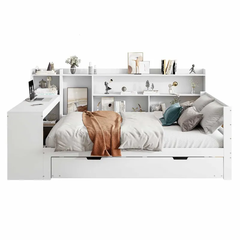 Sofá cama 140*200 cm - Con escritorio, estanterías, compartimentos, enchufes y cama extraíble - Blanco