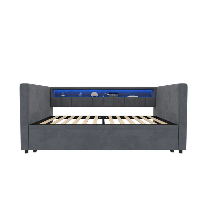 Sofá cama multifuncional 90x190 cm - Cama extensible, USB-Type-C, LED ambiente, terciopelo, con almacenamiento - Beige