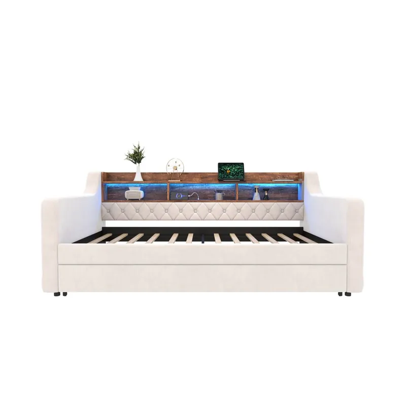 Sofá cama 90x190 cm - Con almacenamiento, LED, USB-C, 12 listones, estructura metal-madera - Beige
