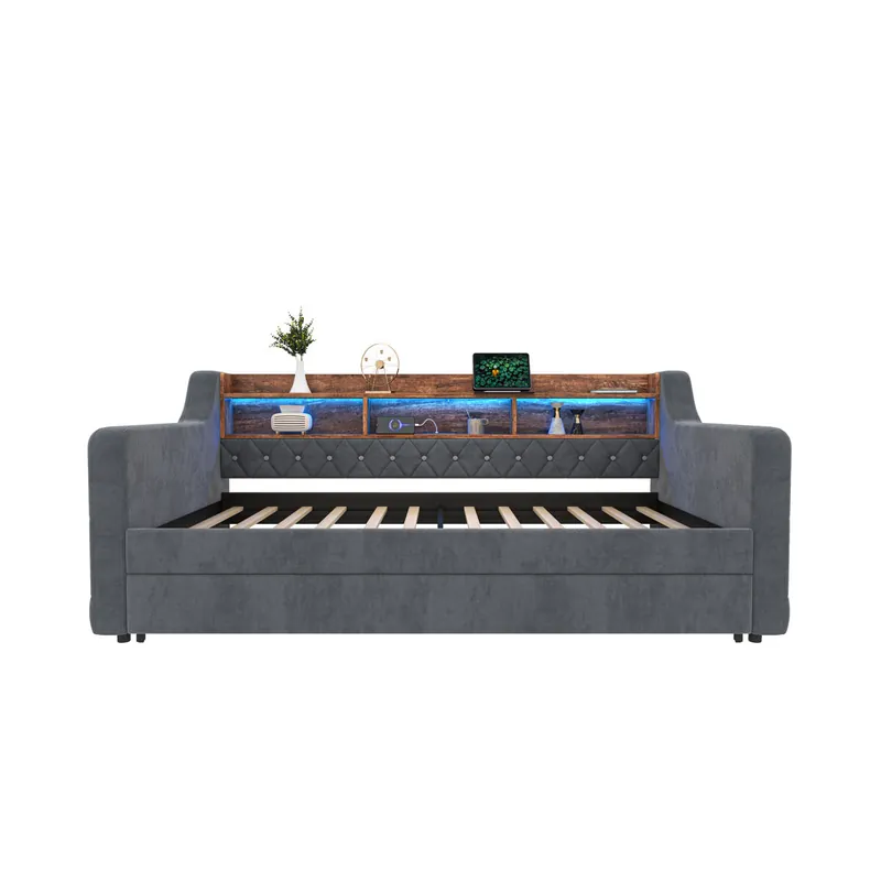 Sofá cama 90x190 cm - Con almacenamiento, LED, USB-C, 12 listones, estructura metal-madera - Beige