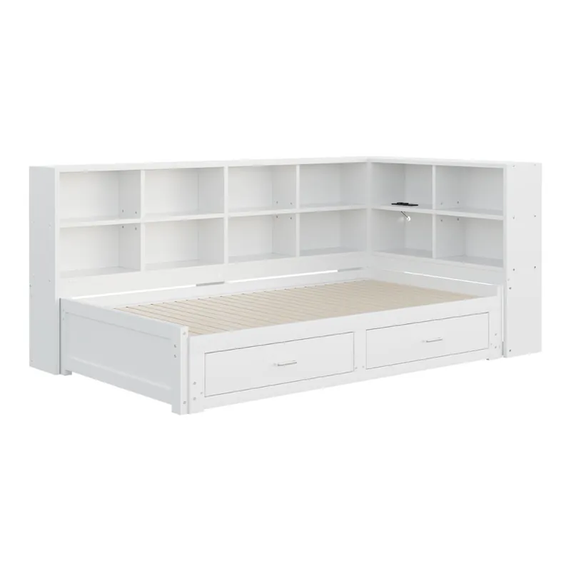 Sofá cama multifuncional 90/180*190 cm - Con cama extraíble, compartimiento de almacenamiento, enchufe euro, cajones, somier - Blanco