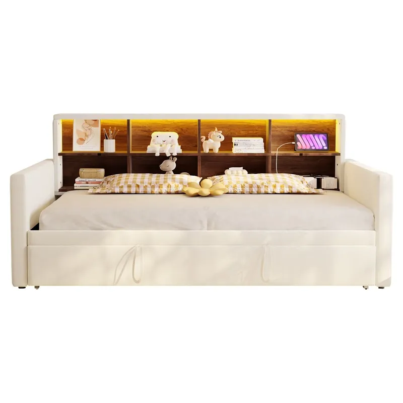 Sofá cama 90x190 cm - Cabezal con almacenamiento, luz LED, enchufes, cama extensible, tapizado de terciopelo - Gris claro