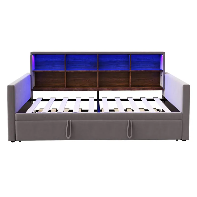 Sofá cama 90x190 cm - Cabecero con almacenamiento, luces LED y enchufes, con cama extensible, tapizado de terciopelo, Gris oscuro