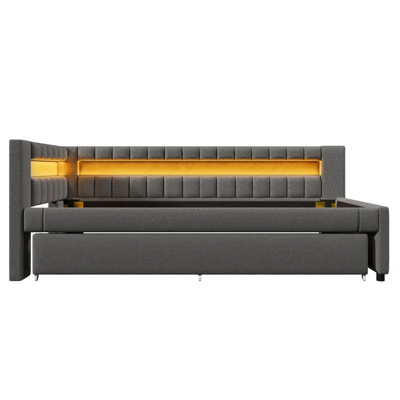 Sofá cama 90x200 cm - LED con mando, cama nido, USB + TYPE-C, lino - gris