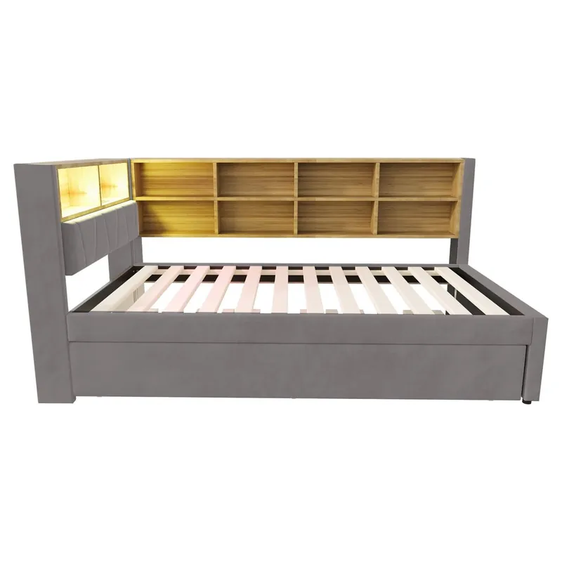 Sofá cama 90x200 - Cama extraíble 90x190, con luces LED, enchufes y compartimentos, beige
