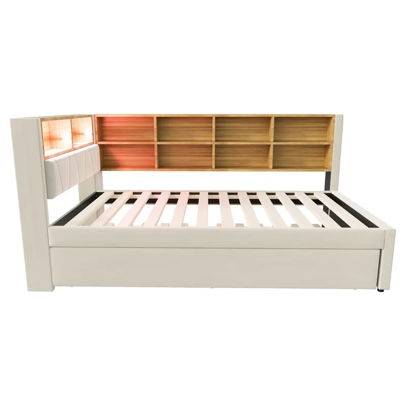 Sofá cama 90x200 - Cama extraíble 90x190, con luces LED, enchufes y compartimentos, beige