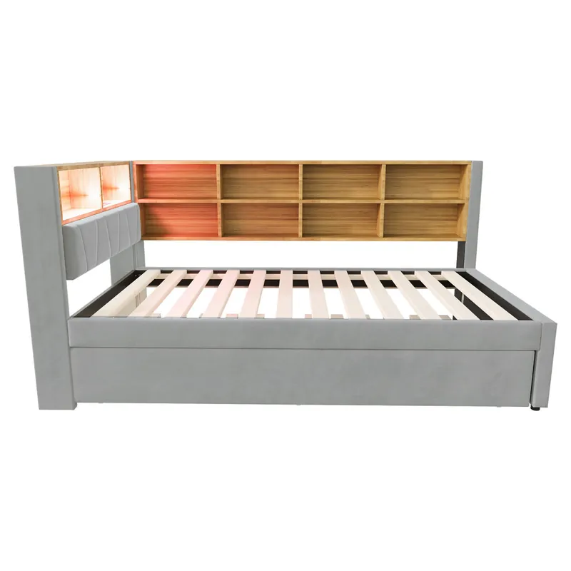 Sofá cama 90x200 - Cama extraíble 90x190, con luces LED, enchufes y compartimentos, beige
