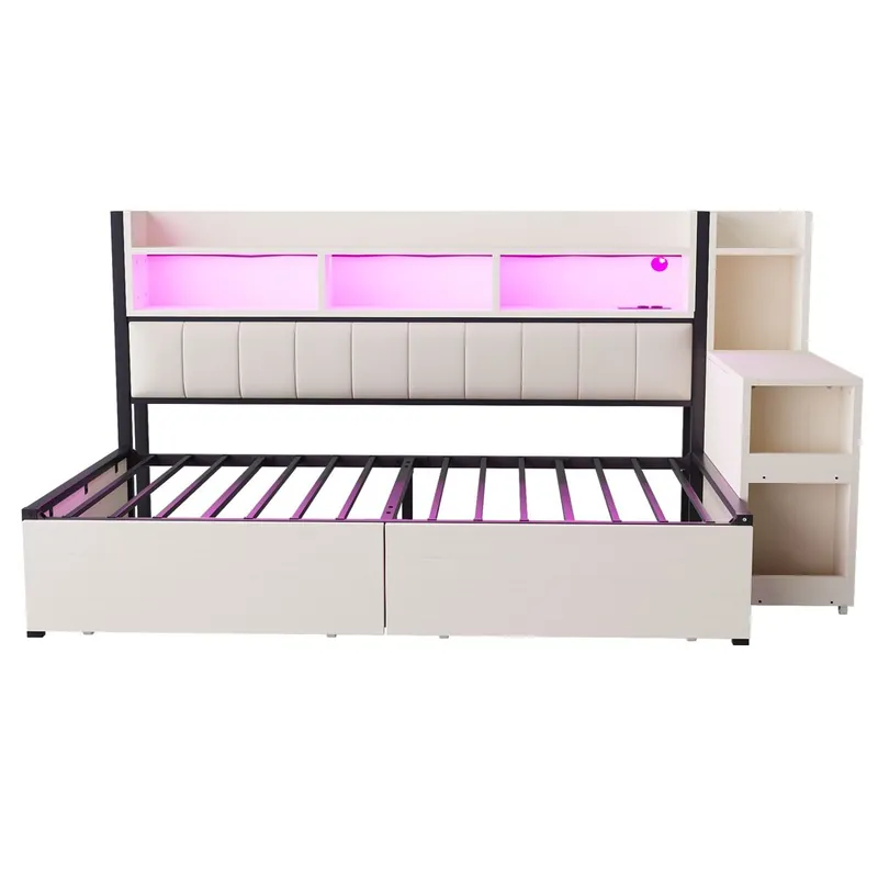 Sofá cama 90x200 cm - Con almacenamiento, enchufes multifuncionales, iluminación LED, mesa extensible - Blanco