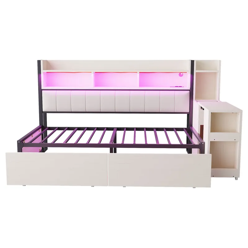 Sofá cama 90x200 cm - Con almacenamiento, enchufes multifuncionales, iluminación LED, mesa extensible - Blanco