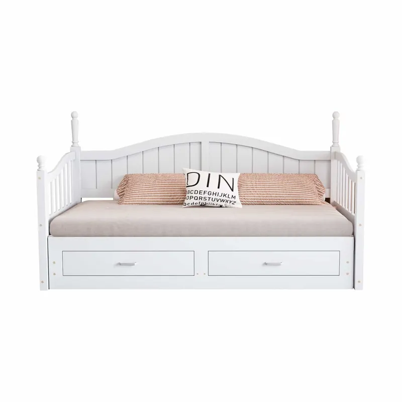 Sofá cama extensible 90/180*190 cm - con columnas romanas, respaldo curvado, reposabrazos, con cajones y somier, cama multifuncional de pino - Blanco