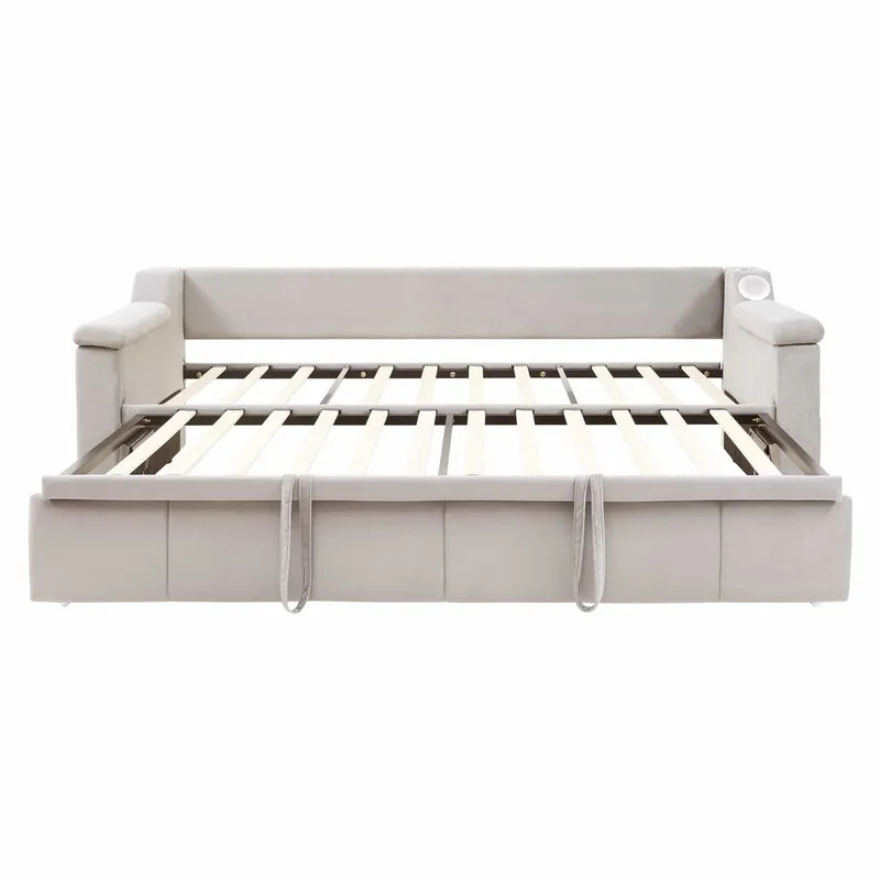 Sofá cama 90/180x190 cm - Reposabrazos anchos y gruesos, Con sistema de sonido Bluetooth inteligente, Con puerto USB, Con compartimentos de almacenamiento, Con somier, Tela de terciopelo - Beige