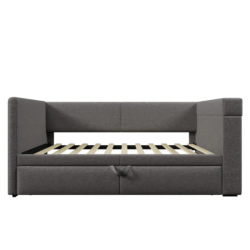 Sofá cama 90x200 cm - Cama individual con función de cama extraíble, reposabrazos con puertos USB y Type-C, portavasos, mezcla de lino, Beige