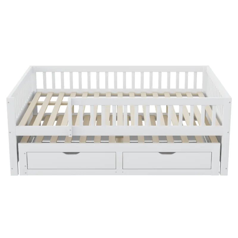 Sofá cama madera maciza 140 x 200 cm - barandilla de seguridad completa, cama extensible con 2 cajones y somier - blanco