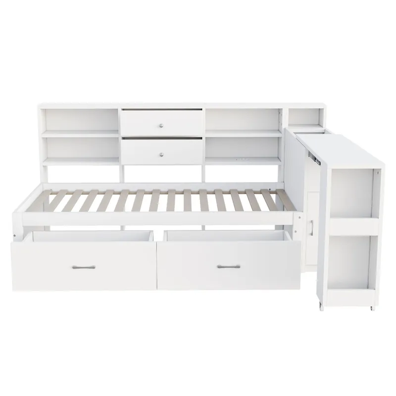 Sofá cama de madera 90x200 cm - almacenamiento multifuncional, estantes, 2 cajones, mesa extensible - blanco