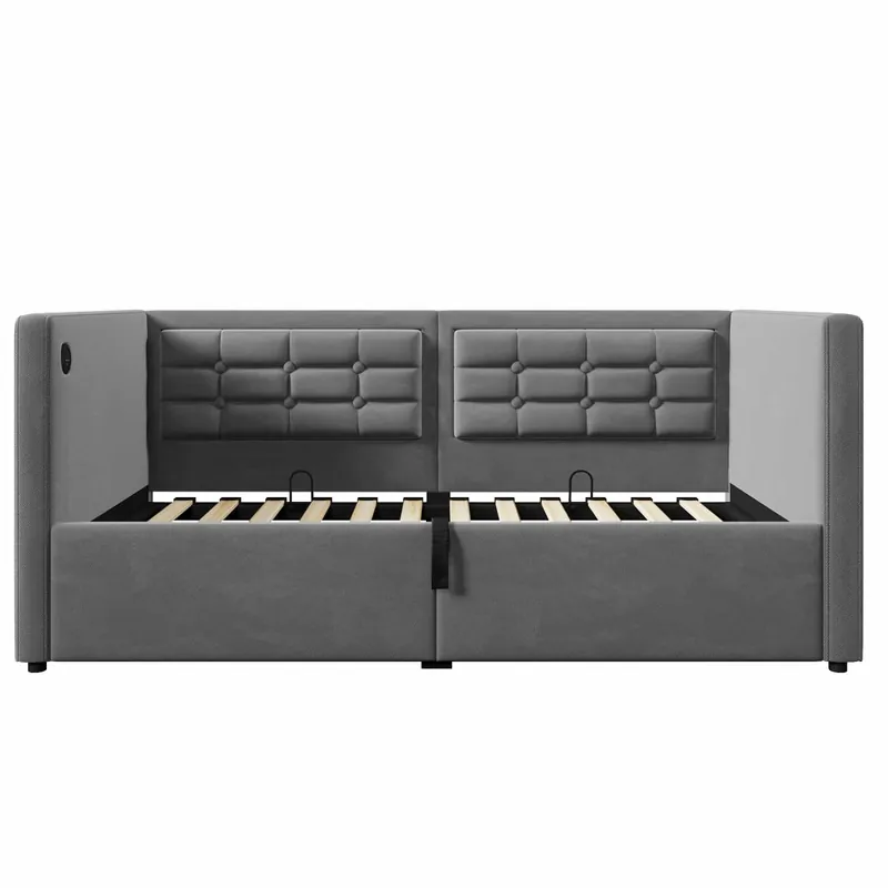 Sofá cama 90x200 cm - Sofá cama individual con almacenamiento hidráulico, estación de carga USB y Type-C, base de lamas de madera - Gris