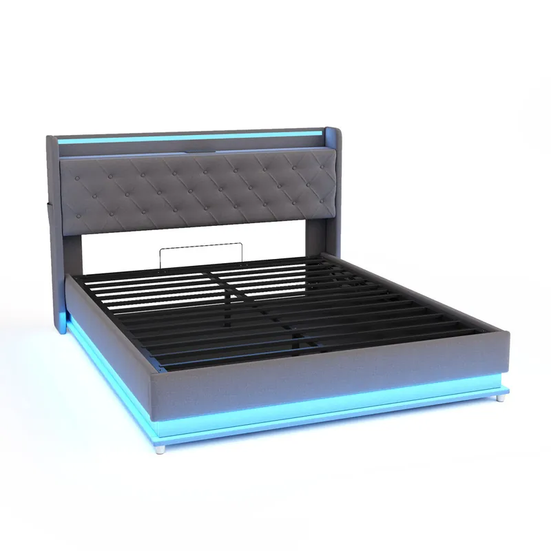 Baúl Iluminado Tapizado con LED 140x200 cm - con Puerto de Carga USB - Tela Lino - Gris