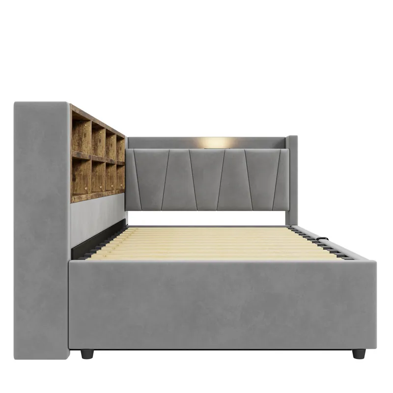 Sofá cama 90x200 cm - Con almacenamiento hidráulico, luz nocturna, puertos USB y Type-C, estantes y compartimentos, cabecero acolchado, cama multifuncional - Gris claro