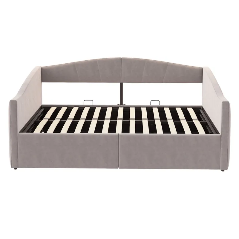 Sofá cama 140*200 cm - Con almacenamiento hidráulico, con somier y reposabrazos, rayas clásicas, multifuncional, tejido terciopelo, Gris claro