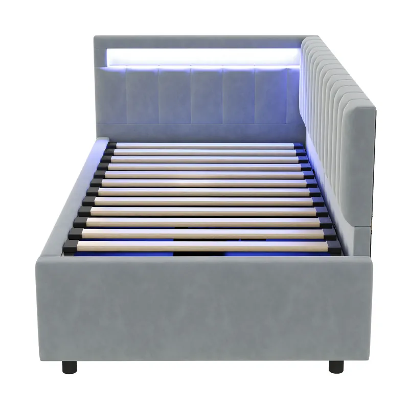 Sofá cama 90x200 - Con LED y almacenamiento hidráulico, diseño de rayas verticales, cabeceros laterales ajustables, somier, terciopelo - Gris claro