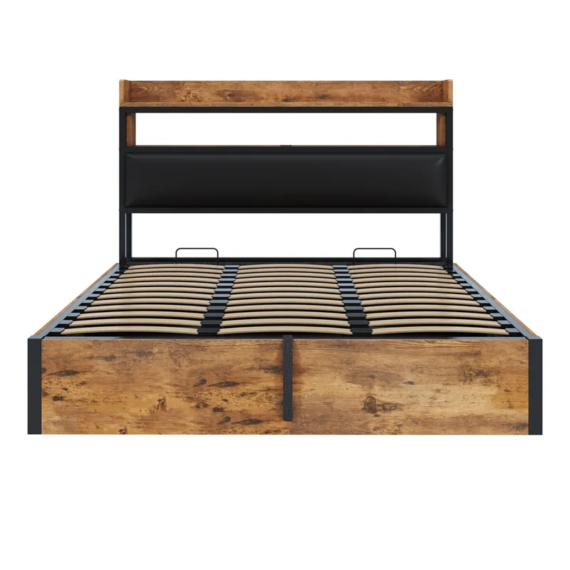 Cama 180x200 - Con elevación hidráulica, USB, cabecero acolchado, diseño vintage madera y metal, con almacenamiento oculto - Negra