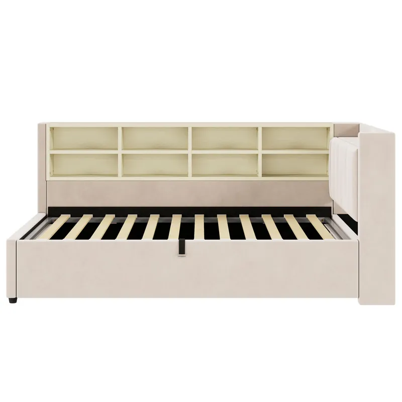 Sofá cama tapizado 90 x 200 cm - canapé hidráulico, luz nocturna, puertos USB y Tipo-C, estantes y almacenamiento, cabecero acolchado - terciopelo beige