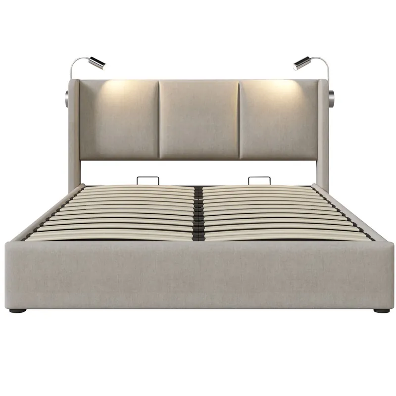Cama 140x200 - Con almacenamiento, cabecero con luz LED y función de carga USB - Beige
