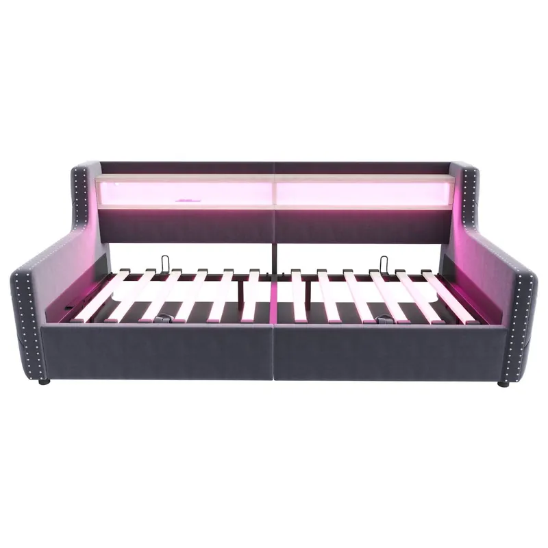 Sofá cama 90x200 cm - Con almacenamiento hidráulico, respaldo y reposabrazos gruesos, con LED y enchufe - Gris oscuro