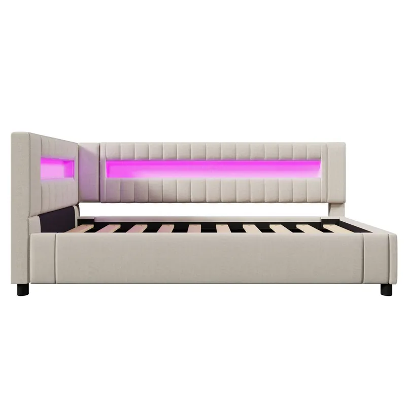 Sofá cama 90x200 cm - LED con mando, almacenamiento hidráulico, USB+TYPE-C - Beige