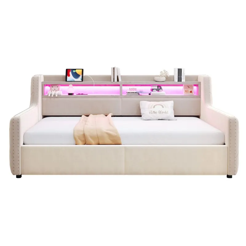 Sofá cama 90x200 cm - Con almacenamiento hidráulico, LED, enchufe, beige
