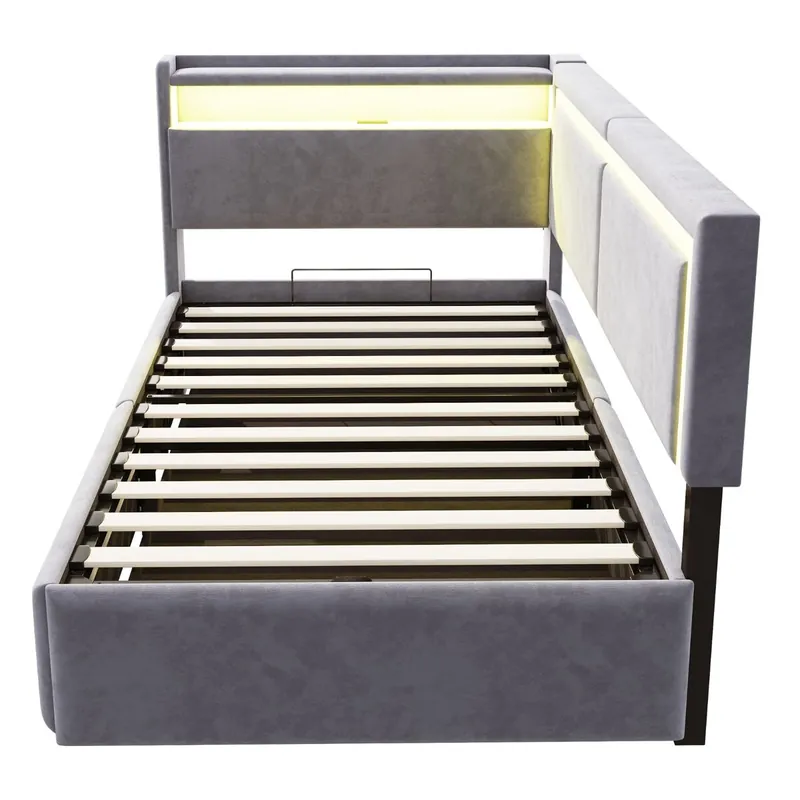 Sofá cama 90x200 cm - Con LED, puertos USB, cabezal abatible, almacenamiento hidráulico - Gris claro