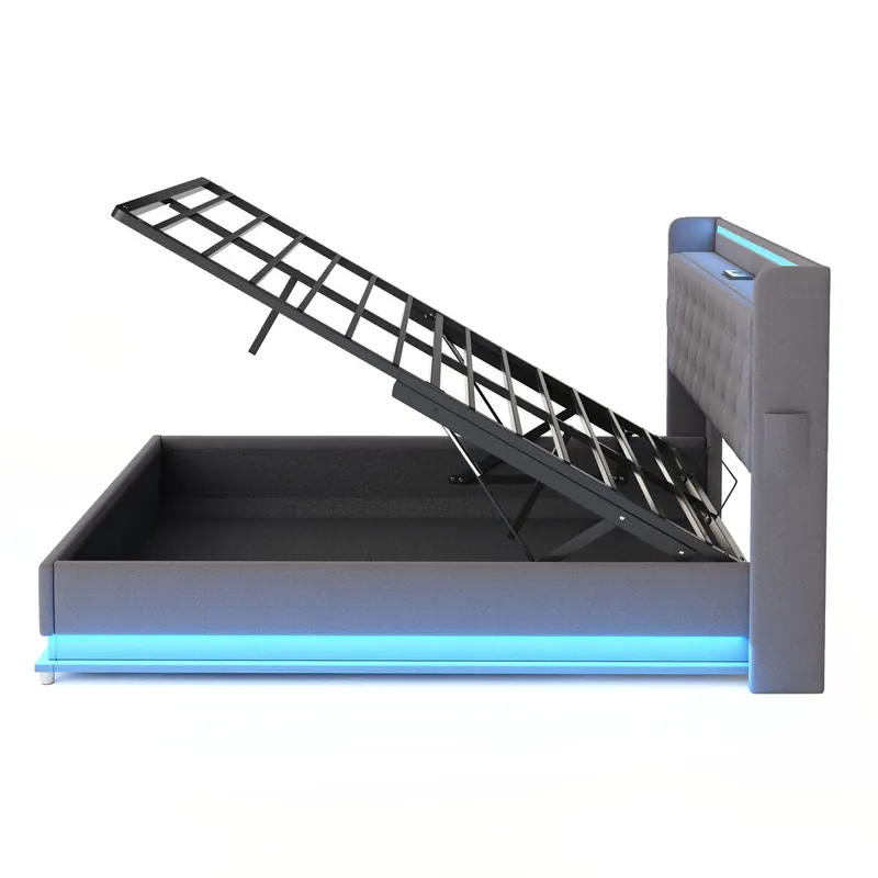 Baúl Iluminado Tapizado con LED 140x200 cm - con Puerto de Carga USB - Tela Lino - Gris