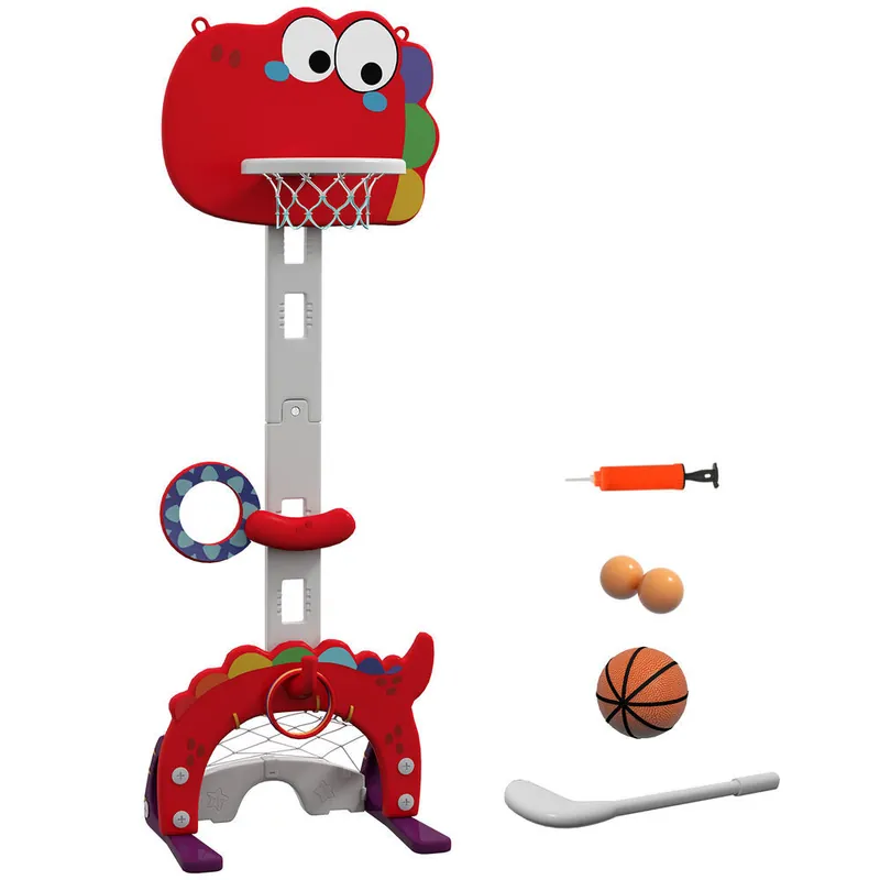 AIYAPLAY Canasta de Baloncesto Infantil 5 en 1 Canasta de Baloncesto para Niños Altura Ajustable con Fútbol Golf Lazo Juego de Lanzamiento de Pelota para Interior Rojo - Jardín