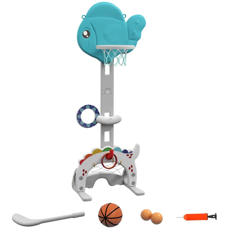 AIYAPLAY Canasta de Baloncesto Infantil 5 en 1 Canasta de Baloncesto para Niños Altura Ajustable con Temática de Pez Dorado Fútbol Golf Anilla Juego de Lanzamiento de Pelota para Interior Multicolor - Jardín
