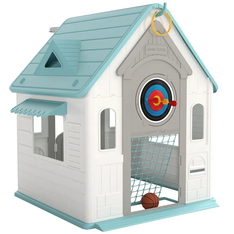 AIYAPLAY Casita Infantil Exterior e Interior 5 en 1, Casita Infantil de Jardín con Lanzamiento de Aros, Baloncesto, Fútbol, Dardos, Casa de Juegos para Niños de 2-5 Años, Beige