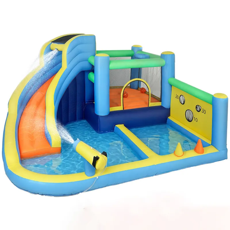 AIYAPLAY Castillo Hinchable Acuático 8 en 1 Soplador 550W Castillo Hinchable Niños con Tobogán Extralargo Seco/Mojado Zona de Salto Escalada Canasta Lanzamiento de Aros Exterior Interior 350x320x190cm - Jardín