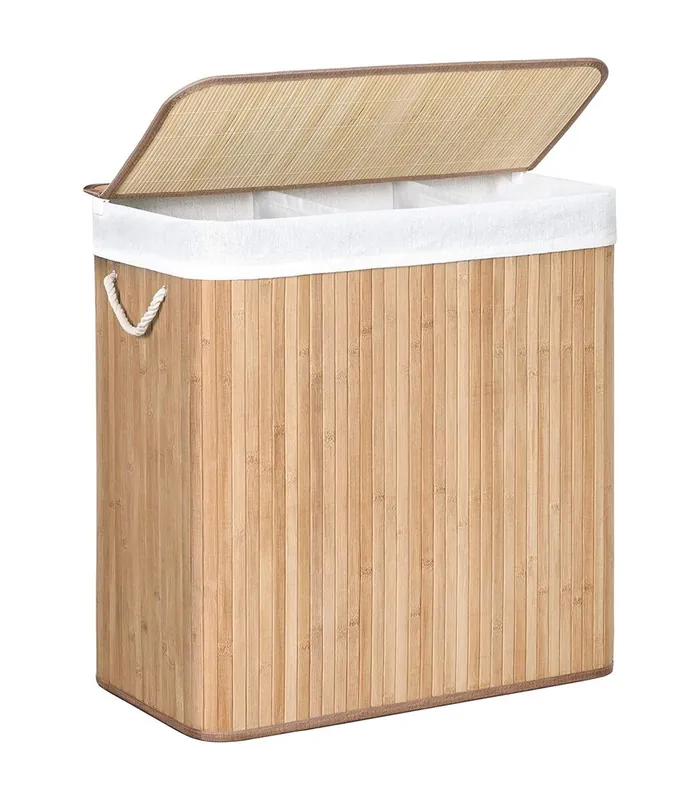 Cesta de lavandería de bambú con 3 compartimentos, tapa y asas, 150L - L60 x A61,5 cm