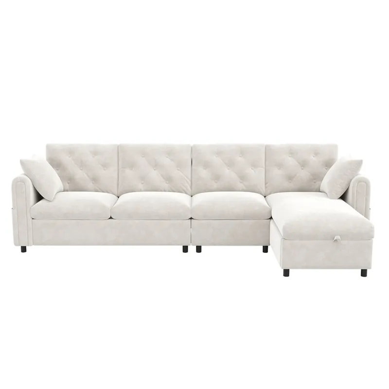 Chaise longue 4 plazas fija reversible de terciopelo con almacenaje,beige - Sofás sillones puffs