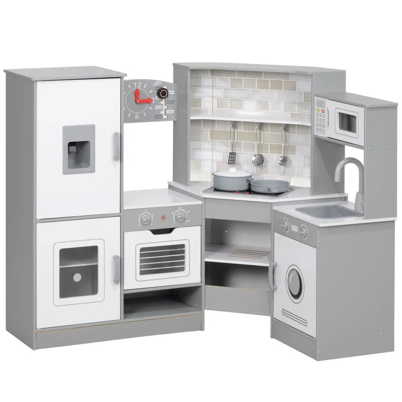 AIYAPLAY Cocina de Juguete para Niños +3 Años Cocina de Madera Infantil Esquina con Sonido Fogón Horno Grifo Fregadero Microondas Lavadora Máquina de Hielo y Accesorios de Cocina Gris - Jardín
